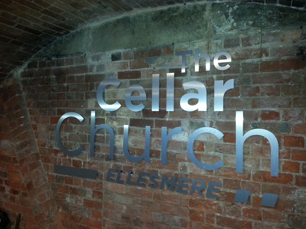 The Cellar Church Brushed Alum Signage Internal